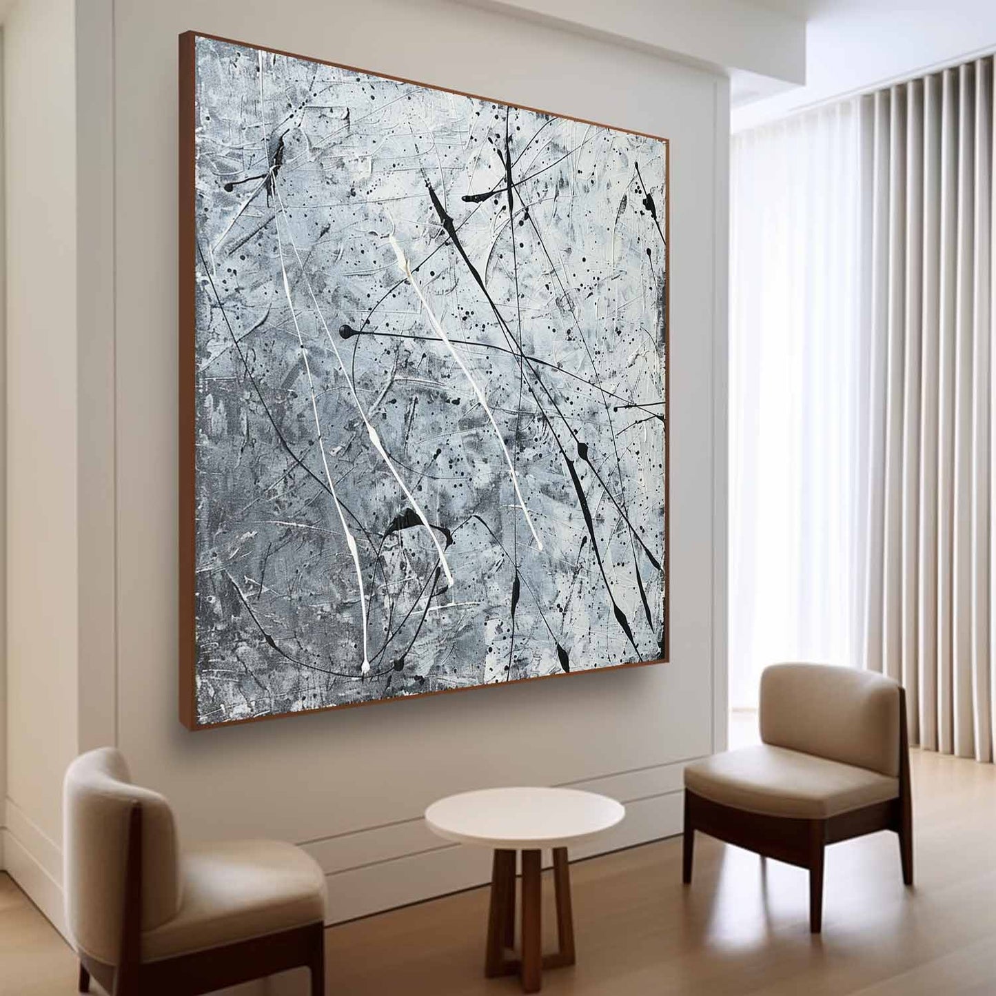 Contemporary Abstract Oil Painting with Dynamic Black and White Brushstrokes