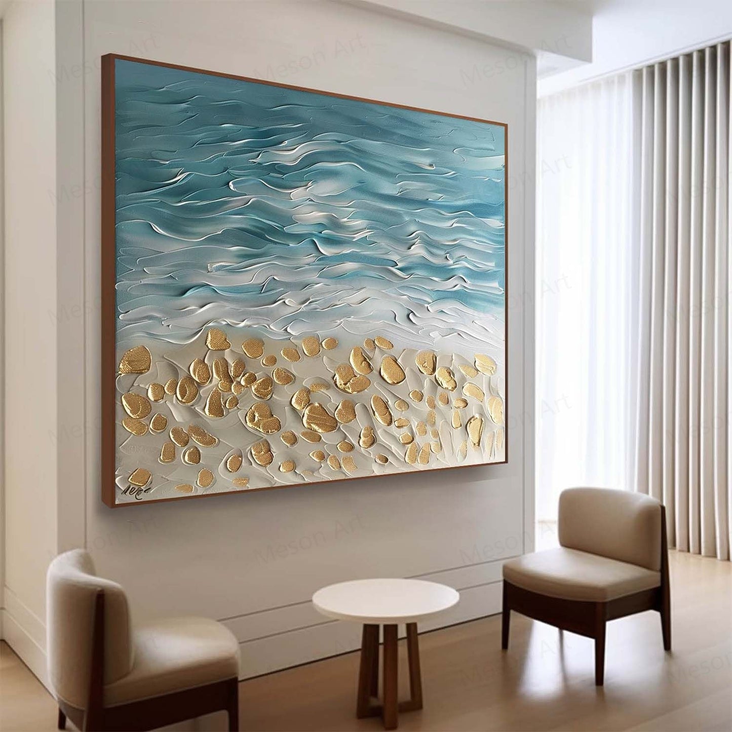 Coastal Serenity Textured Oil Painting with Waves and Golden Sand Accents
