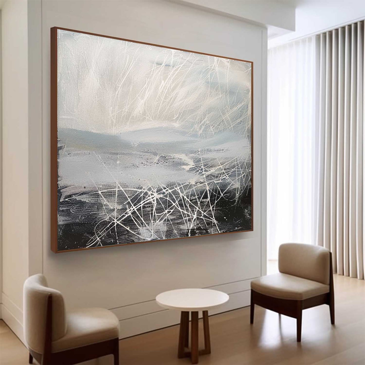 Contemporary Abstract Oil Painting with Dynamic Lines and Soft Color Palette