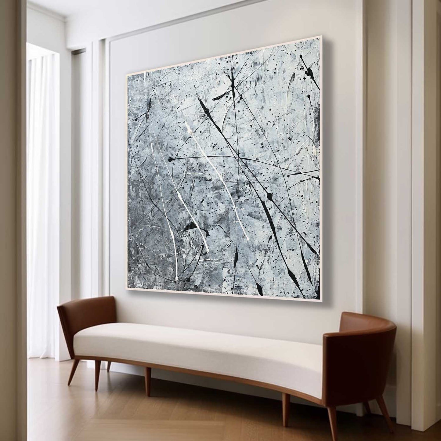 Contemporary Abstract Oil Painting with Dynamic Black and White Brushstrokes