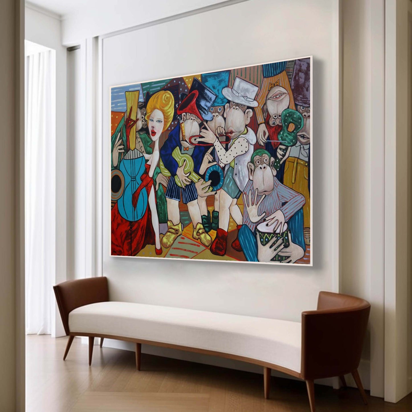 Colorful Pop Art Oil Painting of Musicians and Monkeys in Vibrant Abstract Style