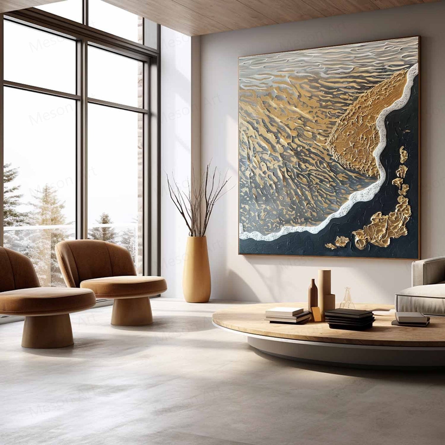 Textured Abstract Oil Painting of Waves and Shoreline in Gold and Black Tones
