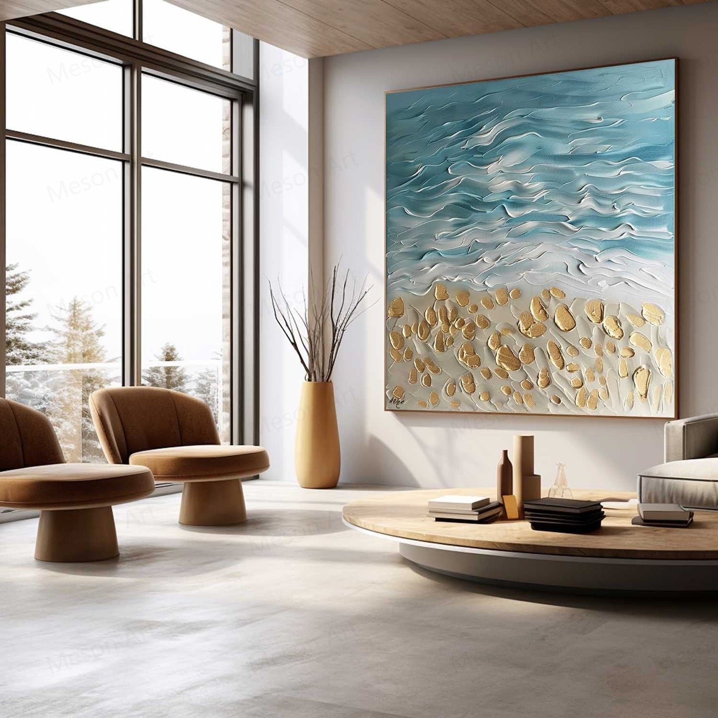 Coastal Serenity Textured Oil Painting with Waves and Golden Sand Accents