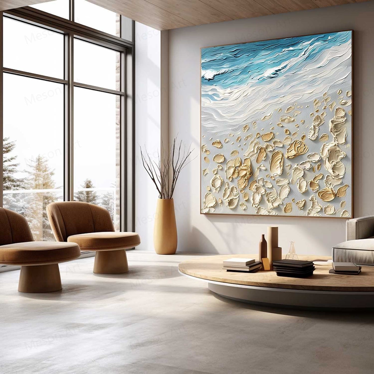 Textured Coastal Scene Oil Painting with Beach and Waves