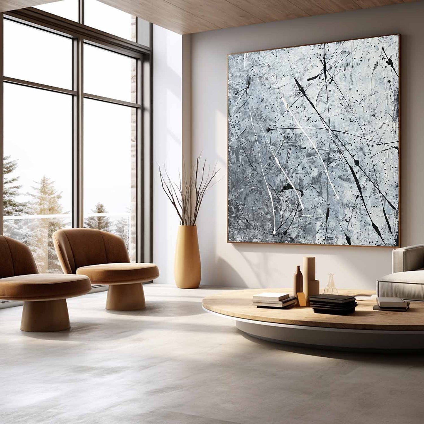Contemporary Abstract Oil Painting with Dynamic Black and White Brushstrokes