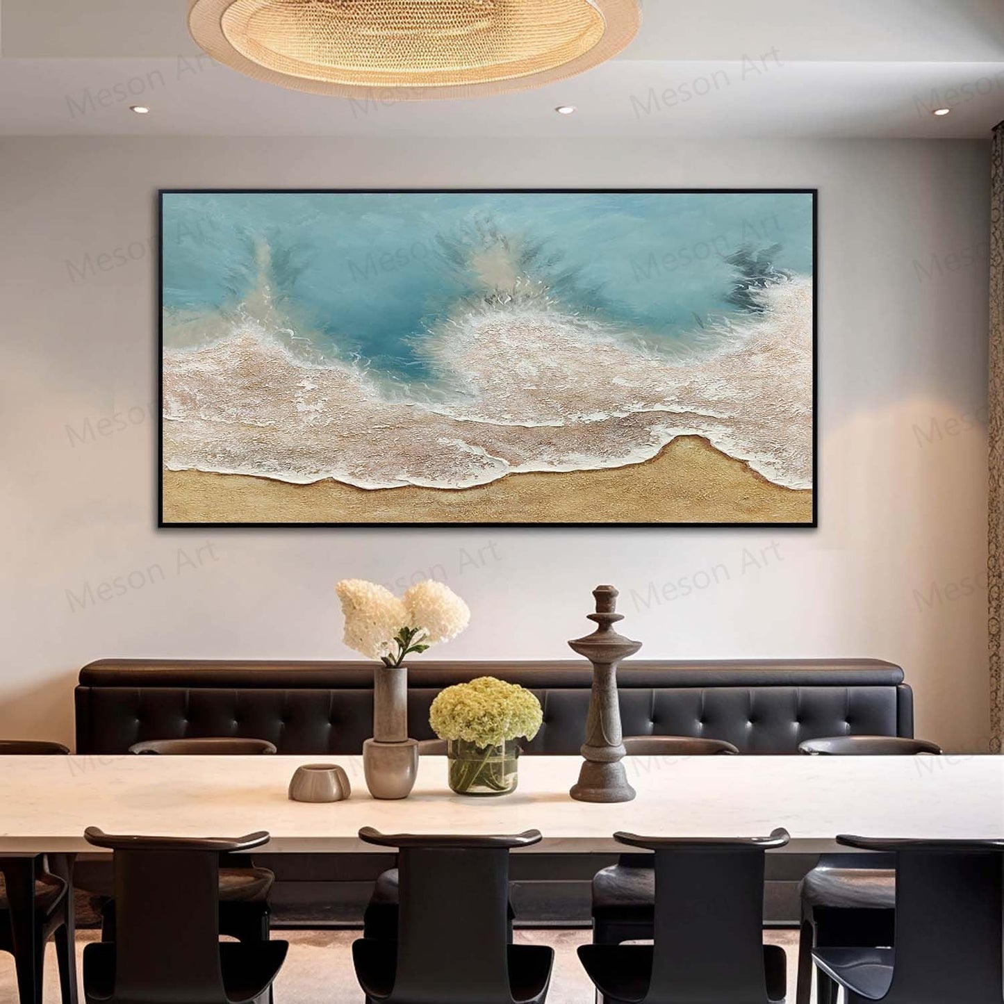 Coastal Serenity: Textured Oil Painting of Beach Waves and Sand
