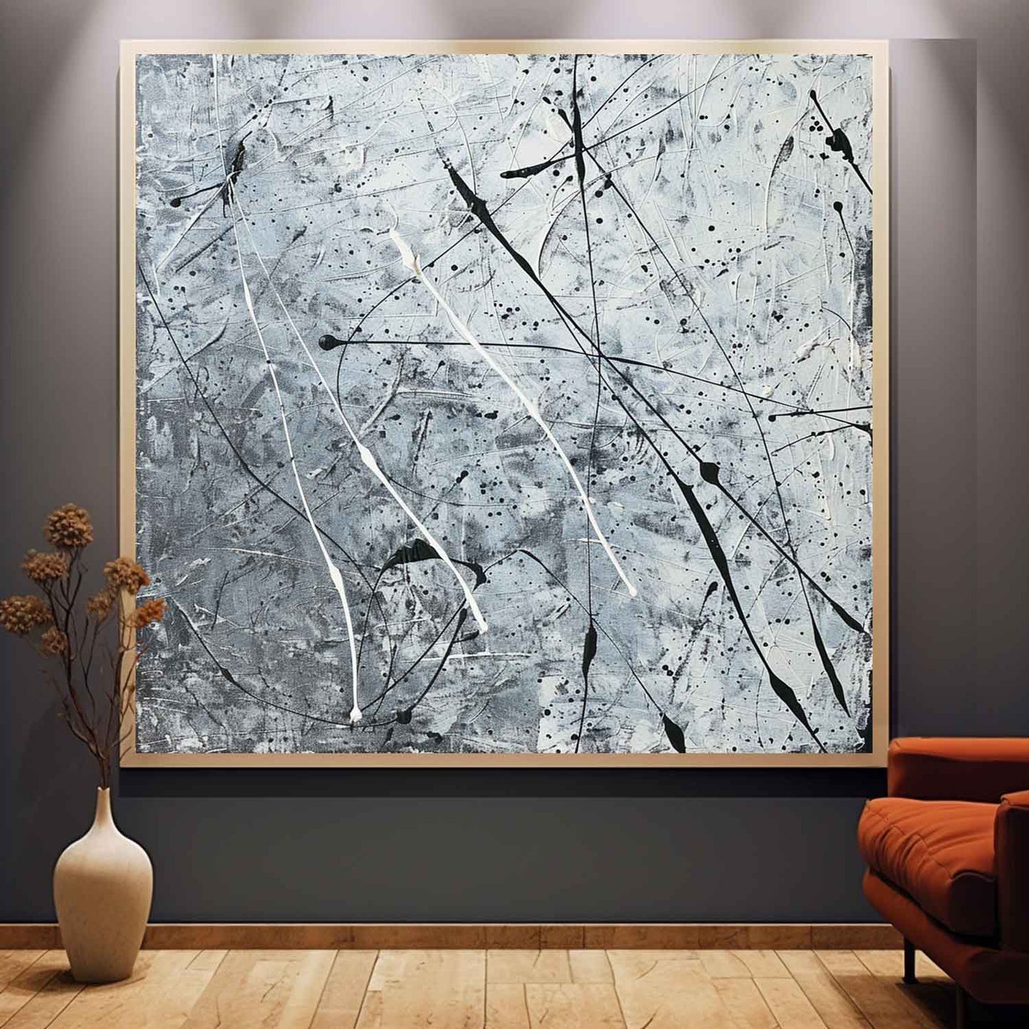 Contemporary Abstract Oil Painting with Dynamic Black and White Brushstrokes
