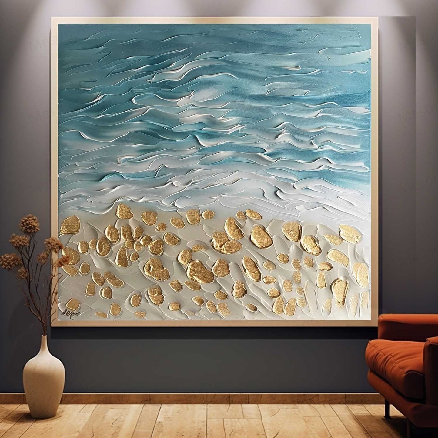 Coastal Serenity Textured Oil Painting with Waves and Golden Sand Accents