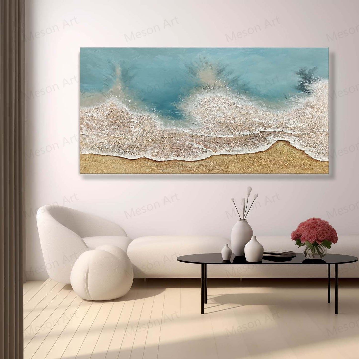 Coastal Serenity: Textured Oil Painting of Beach Waves and Sand