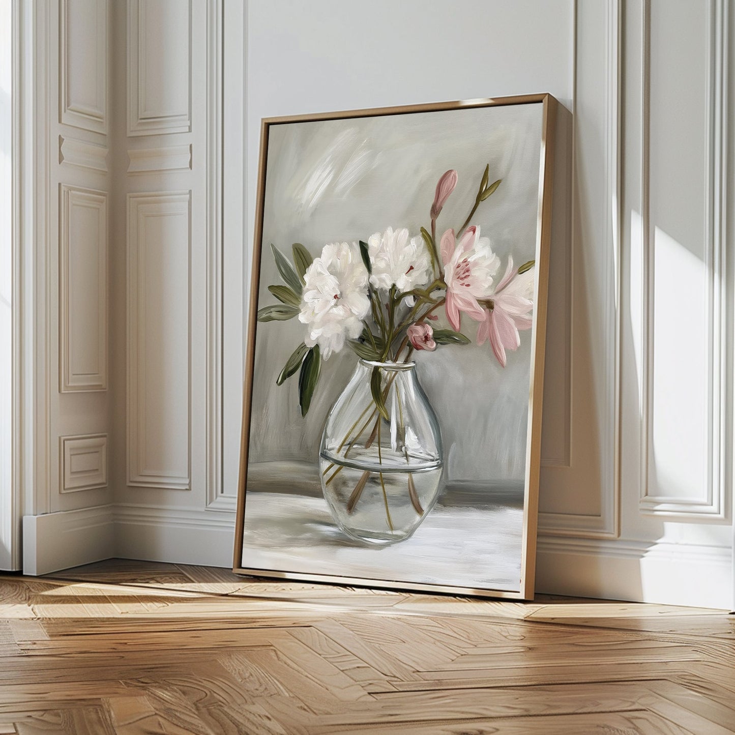 Elegant Floral Still Life Oil Painting in Glass Vase for Home Decor
