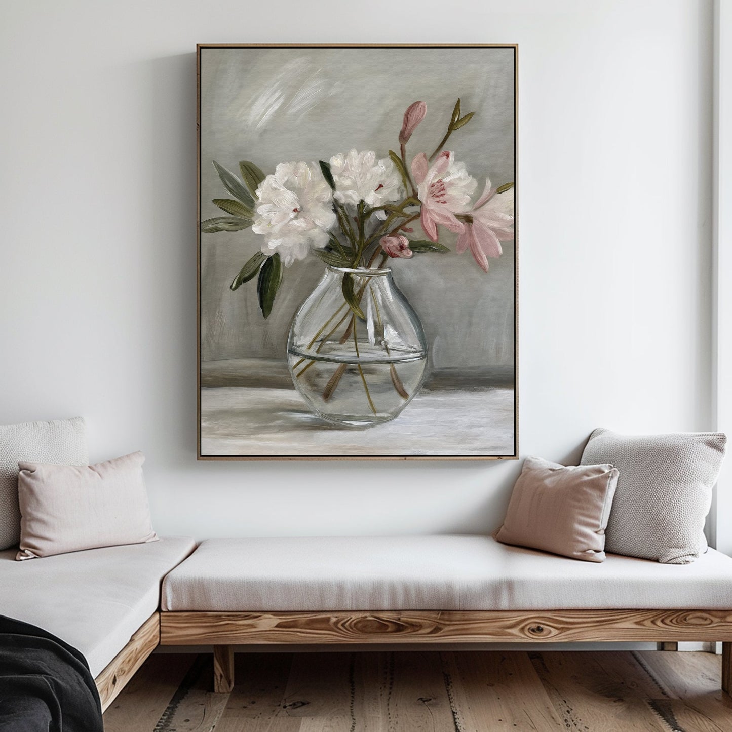 Elegant Floral Still Life Oil Painting in Glass Vase for Home Decor