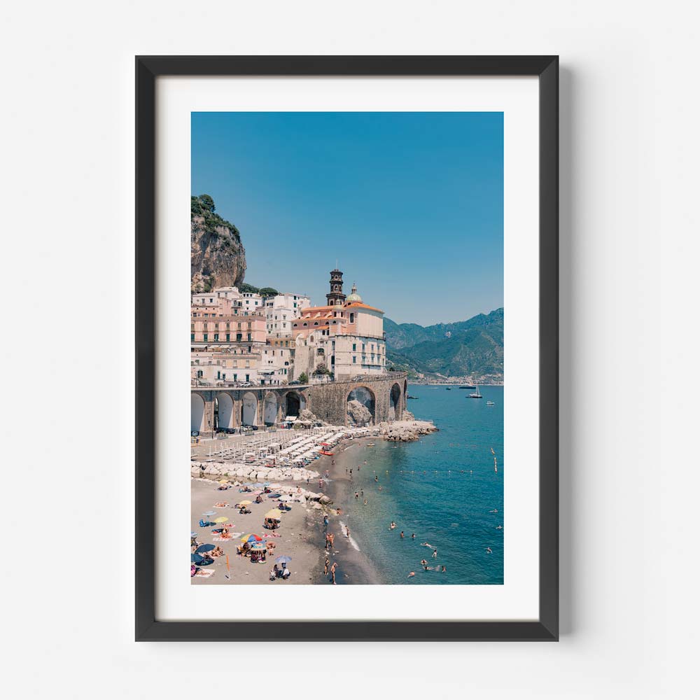 Coastal Serenity: Stunning Oil Painting of Atrani Beach and Charming Italian Village