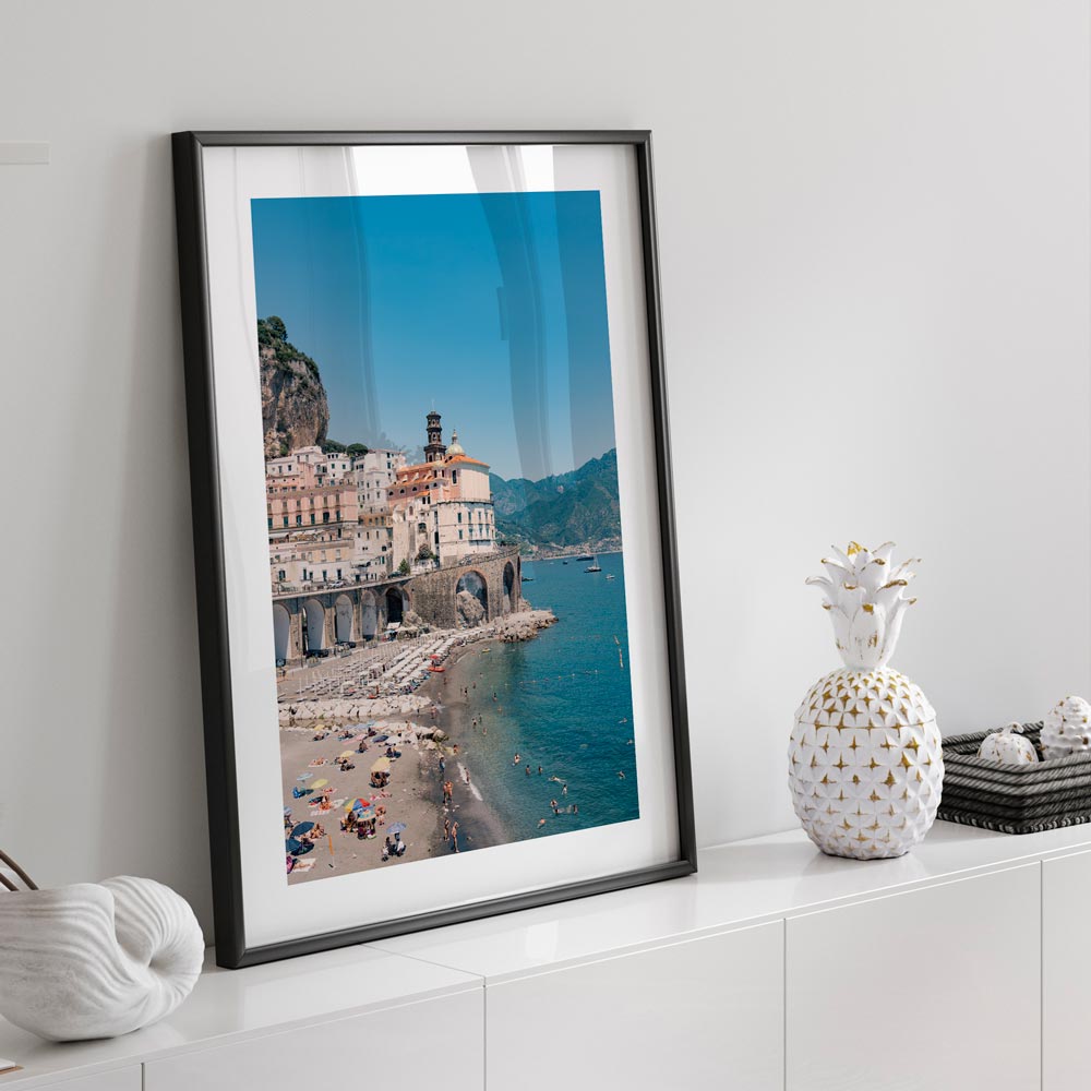 Coastal Serenity: Stunning Oil Painting of Atrani Beach and Charming Italian Village