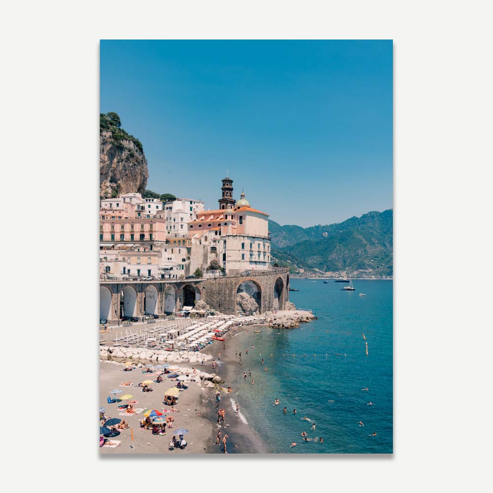 Coastal Serenity: Stunning Oil Painting of Atrani Beach and Charming Italian Village