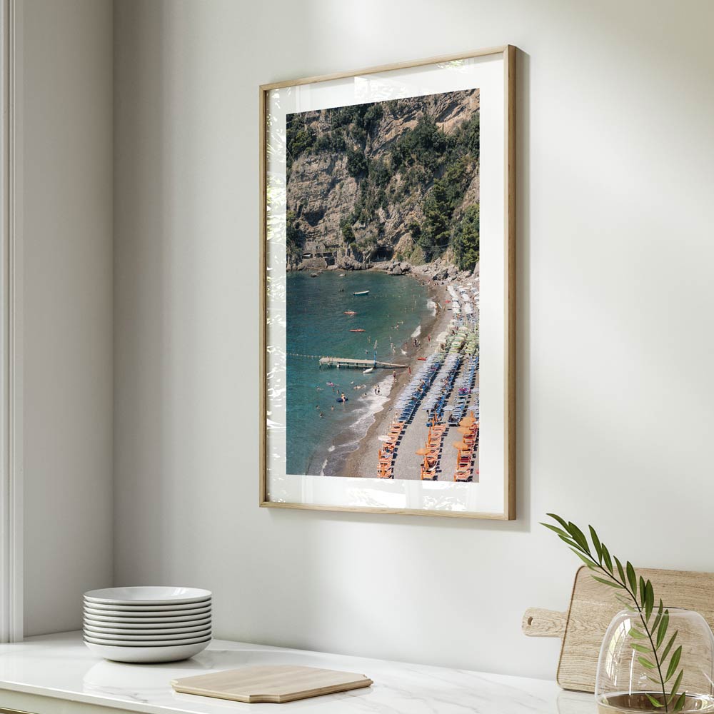 Vibrant Fornillo Beach Oil Painting – Coastal Serenity and Colorful Sun Loungers