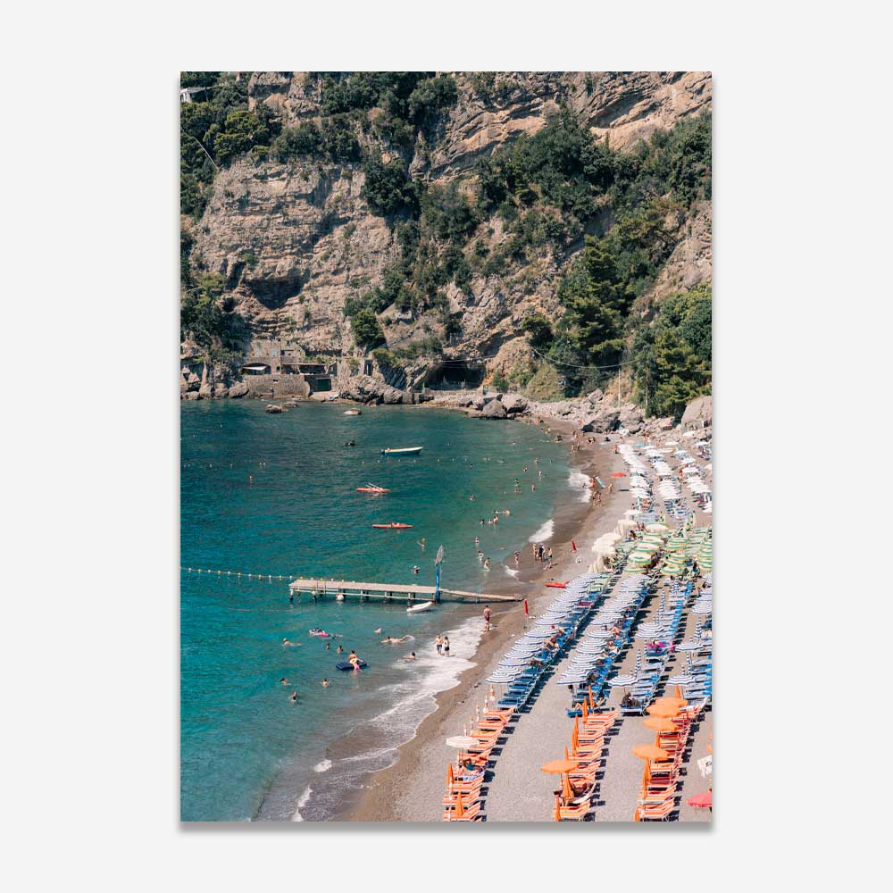 Vibrant Fornillo Beach Oil Painting – Coastal Serenity and Colorful Sun Loungers