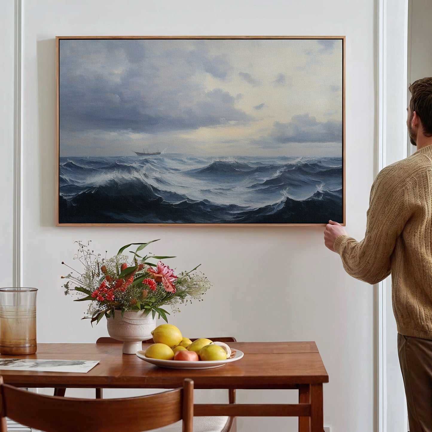 Drama of the Ocean: Stormy Seas Oil Painting for Coastal Home Decor