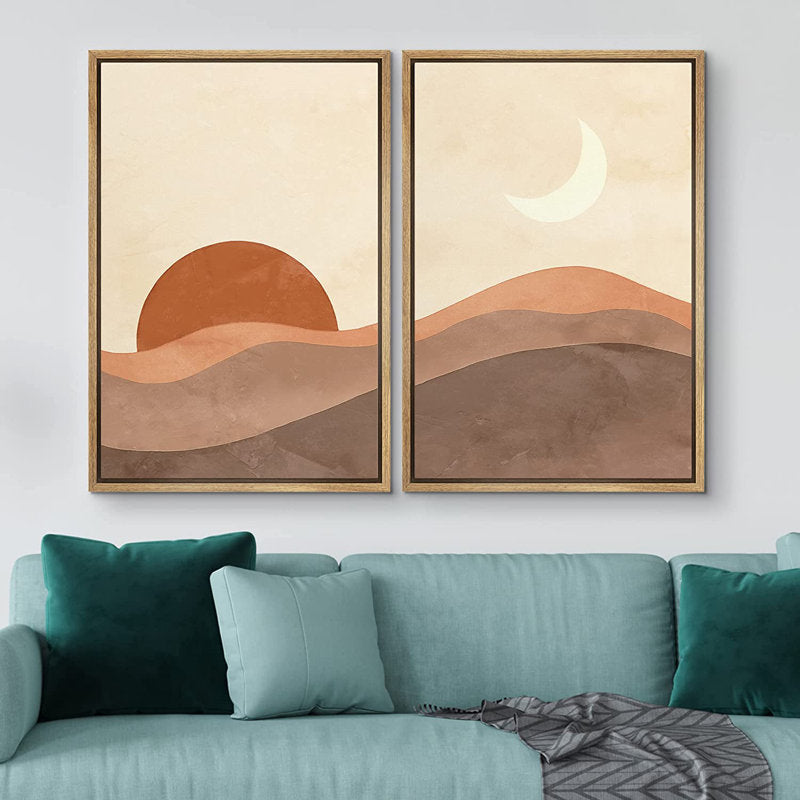Modern Sun and Moon Minimalist Landscape Canvas Art for Boho Home Decor