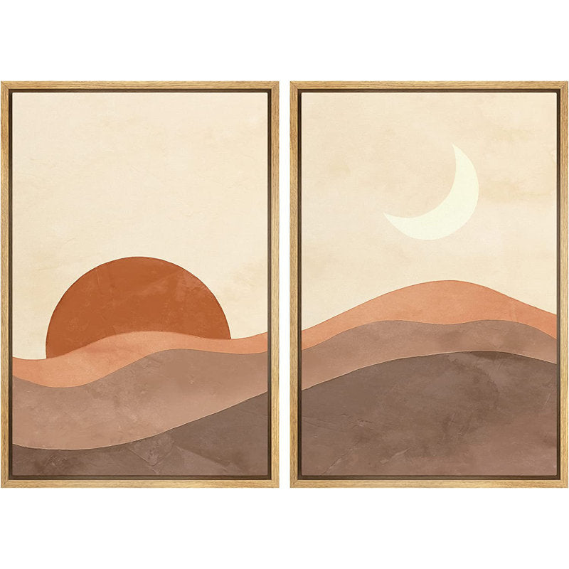 Modern Sun and Moon Minimalist Landscape Canvas Art for Boho Home Decor