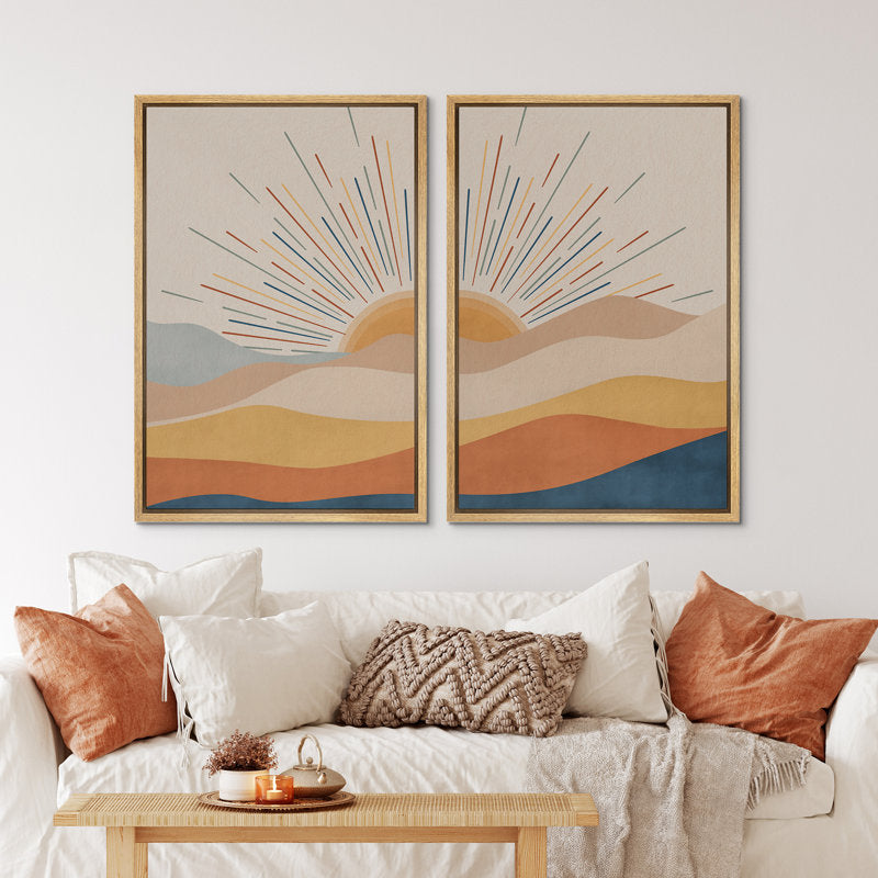 Sunrise and Sunset Abstract Desert Landscape Framed Canvas Wall Art Decor