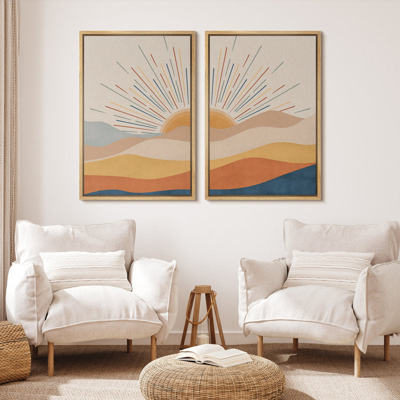 Sunrise and Sunset Abstract Desert Landscape Framed Canvas Wall Art Decor