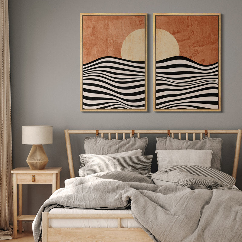 Abstract Sun and Moon Ocean Waves Framed Art Prints for Modern Home Decor