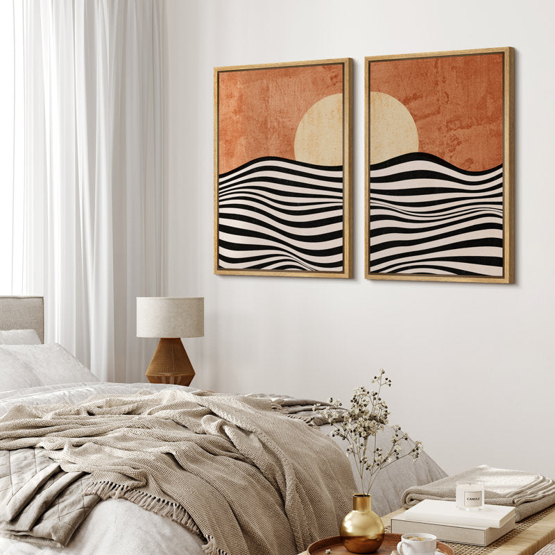 Abstract Sun and Moon Ocean Waves Framed Art Prints for Modern Home Decor