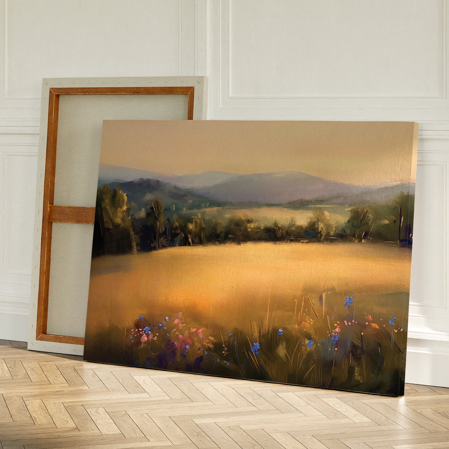 Sunlit Landscape Oil Painting with Golden Fields and Vibrant Flowers