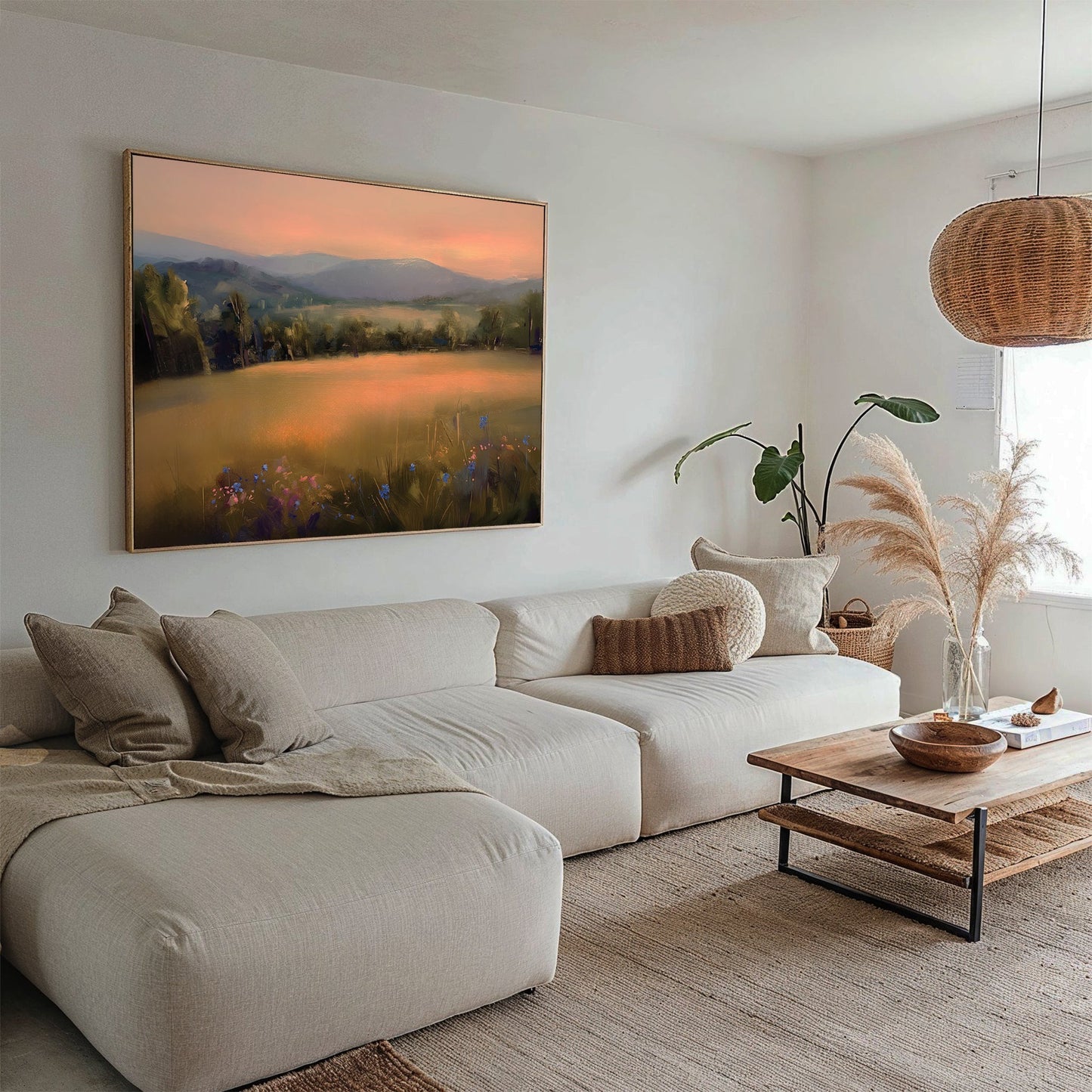 Sunlit Landscape Oil Painting with Golden Fields and Vibrant Flowers