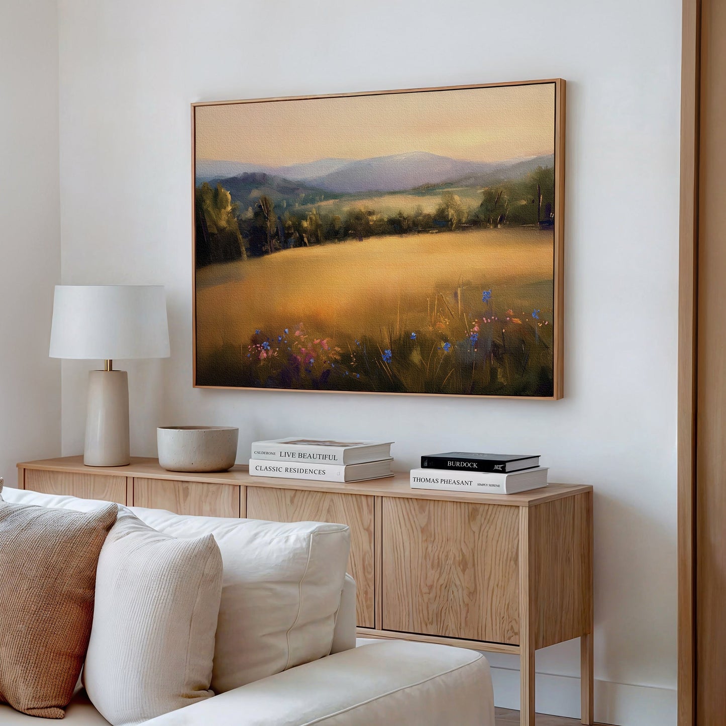 Sunlit Landscape Oil Painting with Golden Fields and Vibrant Flowers
