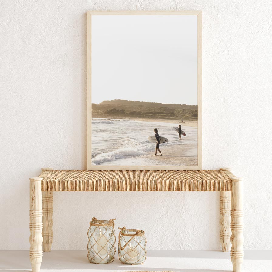 Coastal Adventure: Vibrant Oil Painting of Young Surfers at the Beach