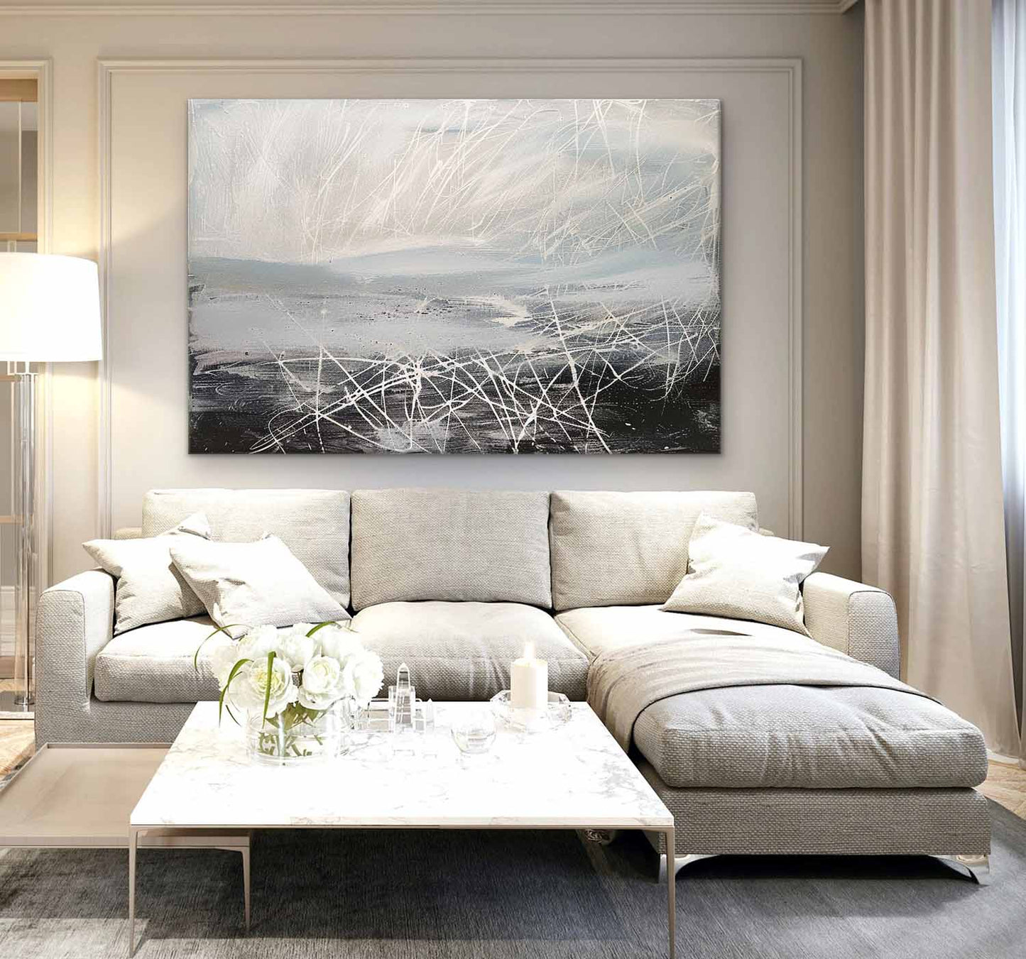 Contemporary Abstract Oil Painting with Dynamic Lines and Soft Color Palette