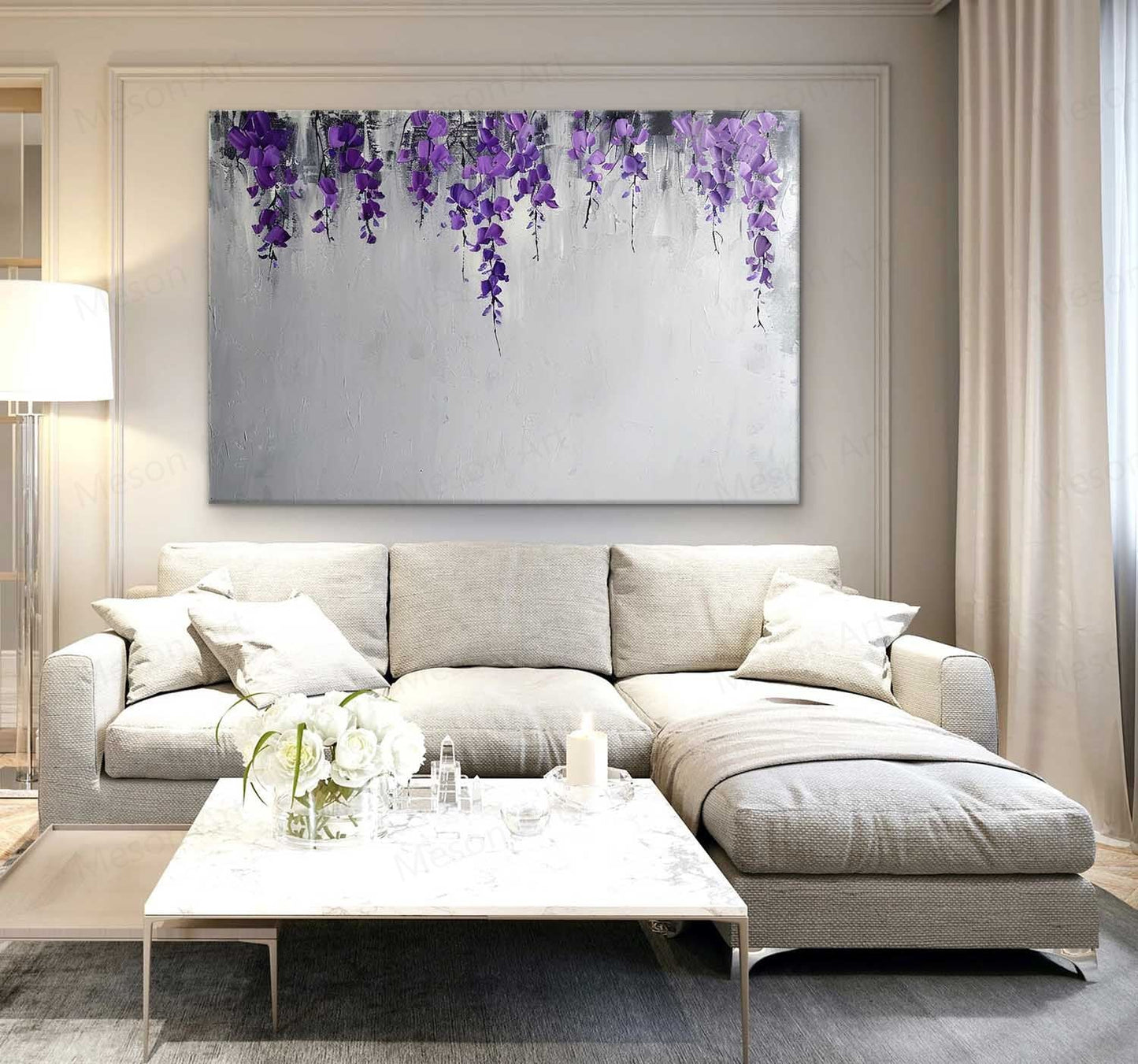 Delicate Purple Floral Abstract Oil Painting for Modern Home Decor