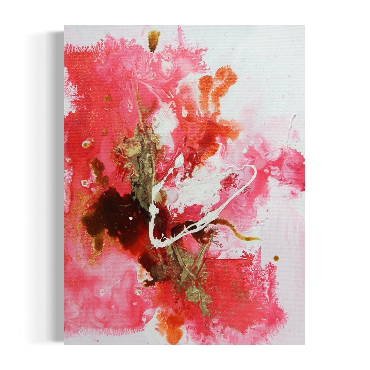 Abstract Floral Oil Painting in Vibrant Pink and Gold Hues for Modern Decor