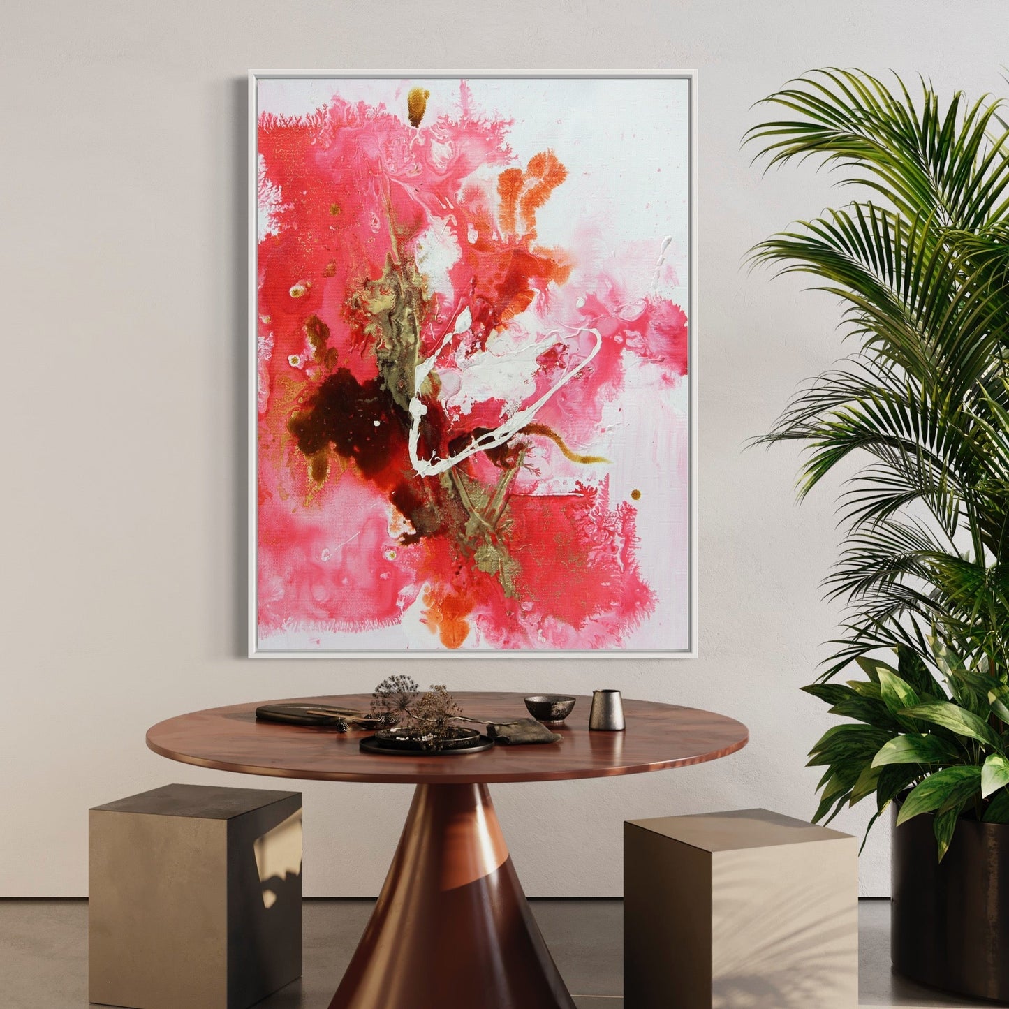 Abstract Floral Oil Painting in Vibrant Pink and Gold Hues for Modern Decor