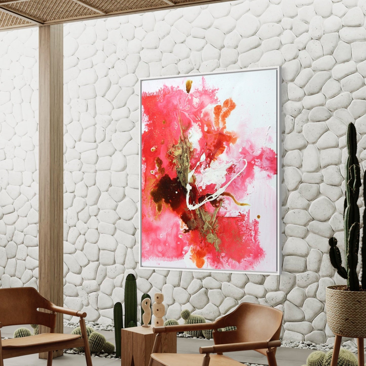 Abstract Floral Oil Painting in Vibrant Pink and Gold Hues for Modern Decor