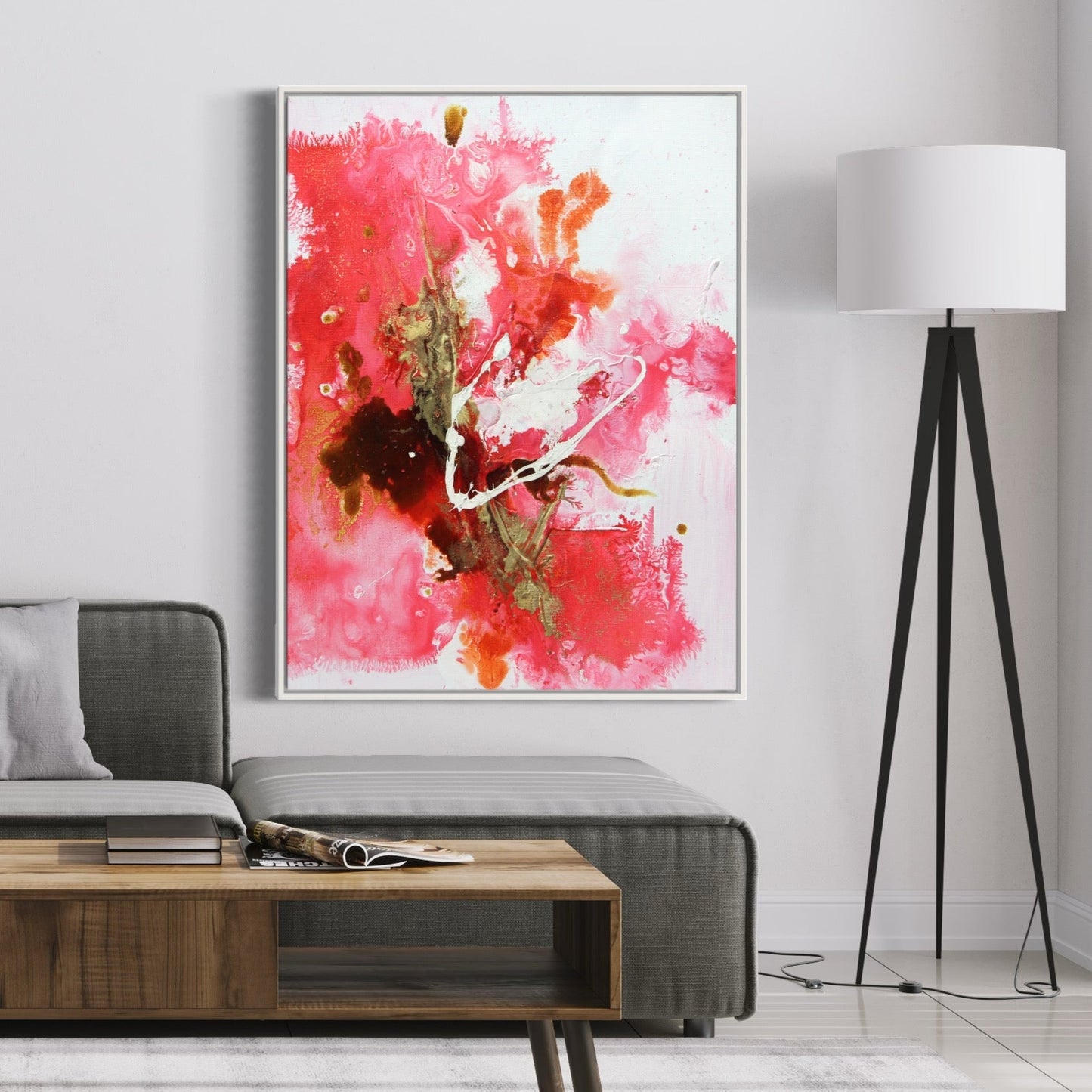 Abstract Floral Oil Painting in Vibrant Pink and Gold Hues for Modern Decor