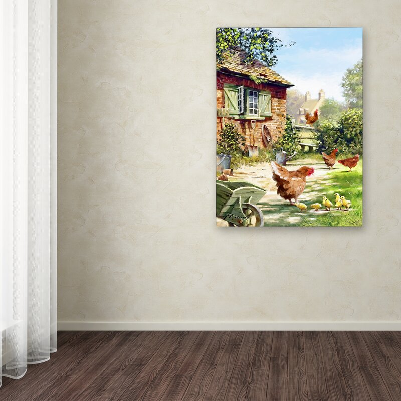 Charming Oil Painting of Chickens and Hens in a Serene Farmyard Setting