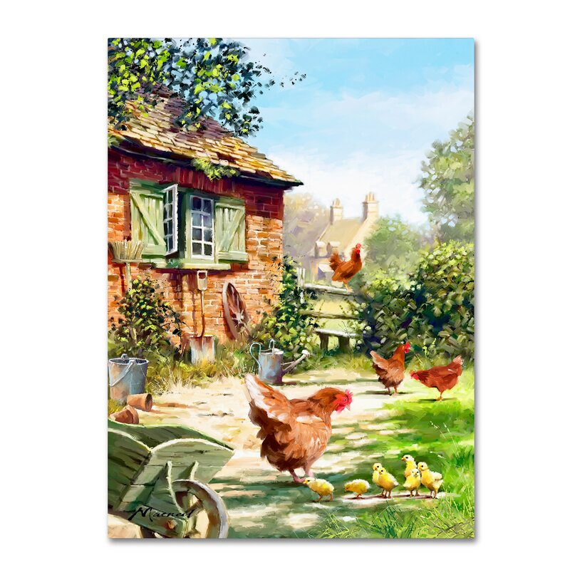 Charming Oil Painting of Chickens and Hens in a Serene Farmyard Setting