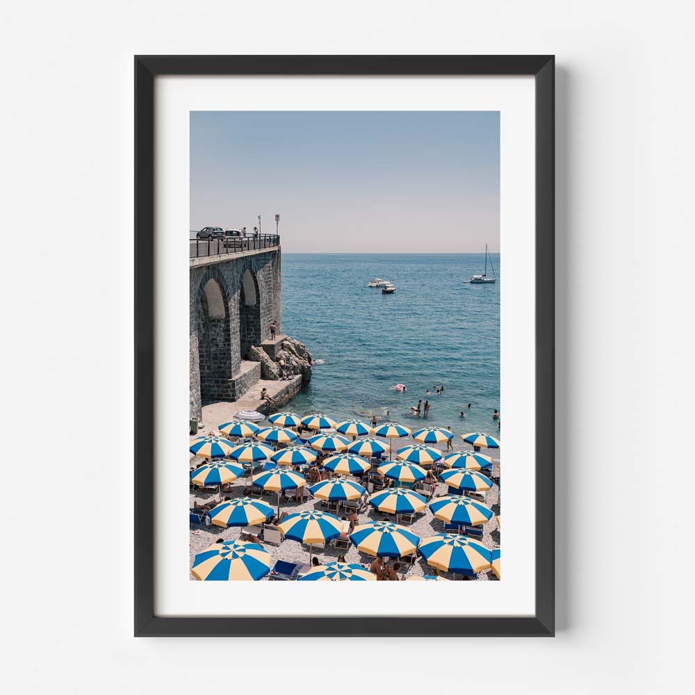 Vibrant Beach Scene with Colorful Umbrellas and Serene Ocean Views