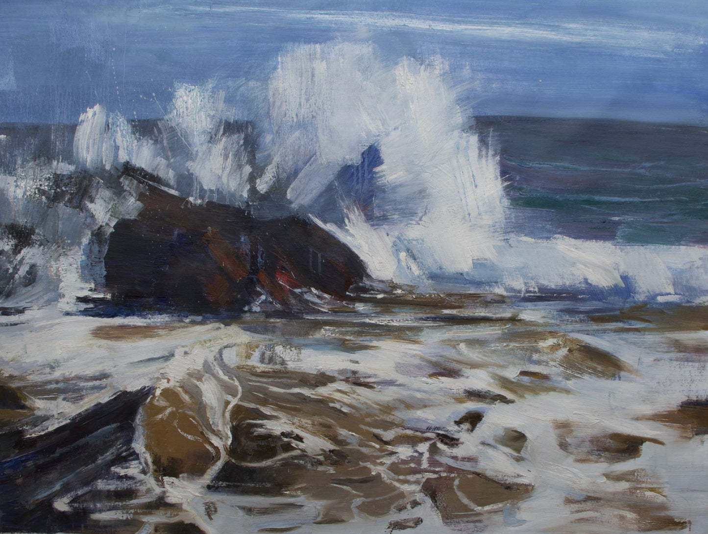 Dynamic Seascape Oil Painting with Waves and Rocks