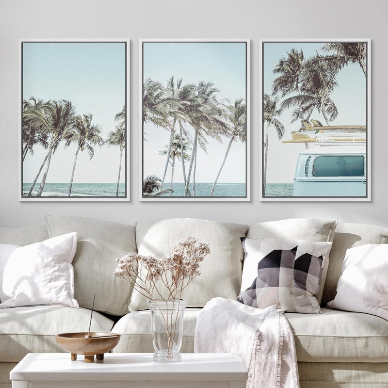 Tropical Palm Tree Road Trip Canvas Art - Beach Vacation Framed Wall Decor