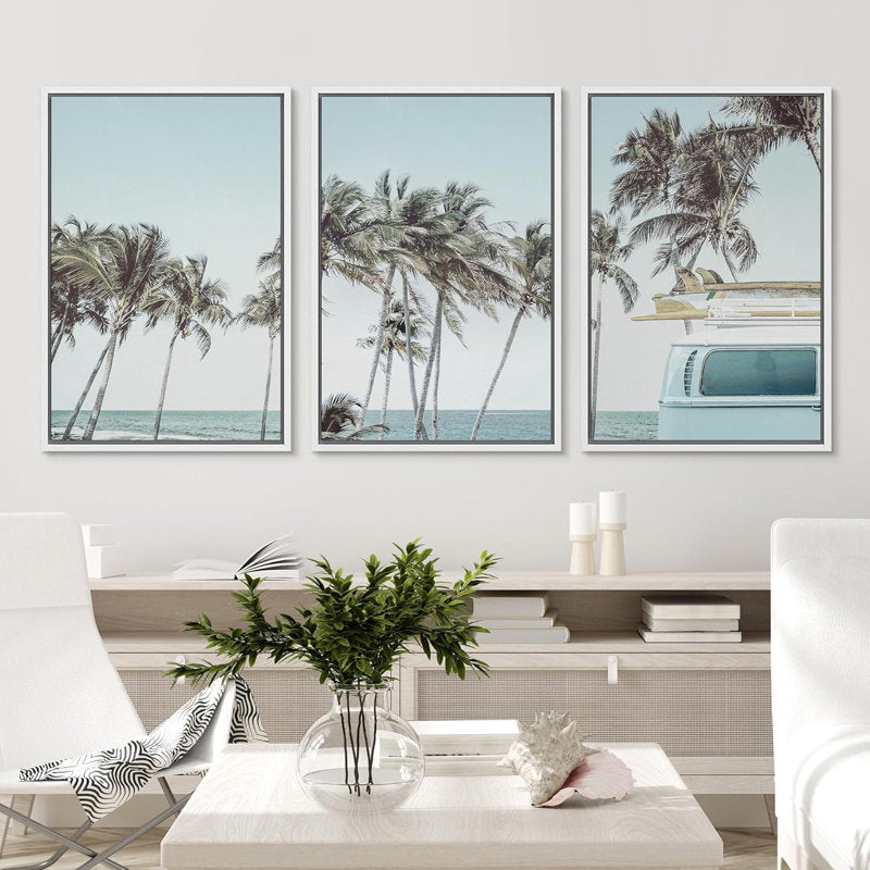 Tropical Palm Tree Road Trip Canvas Art - Beach Vacation Framed Wall Decor