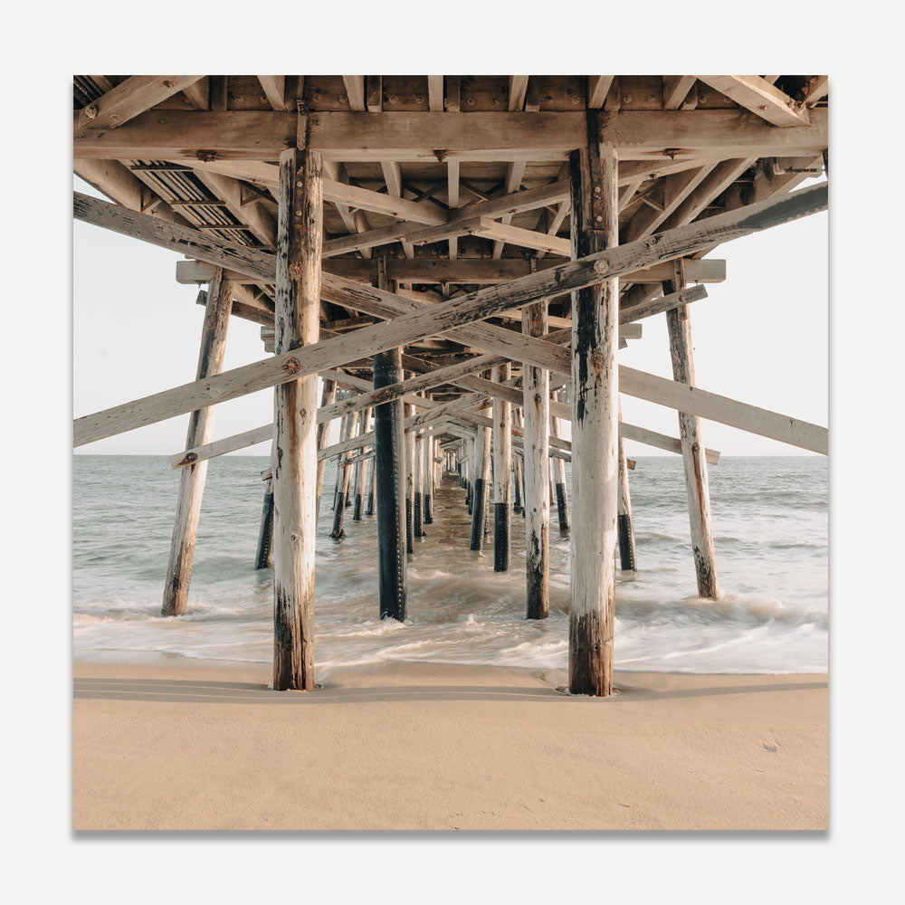 Coastal Serenity: Tranquil Ocean View Beneath Rustic Pier Oil Painting