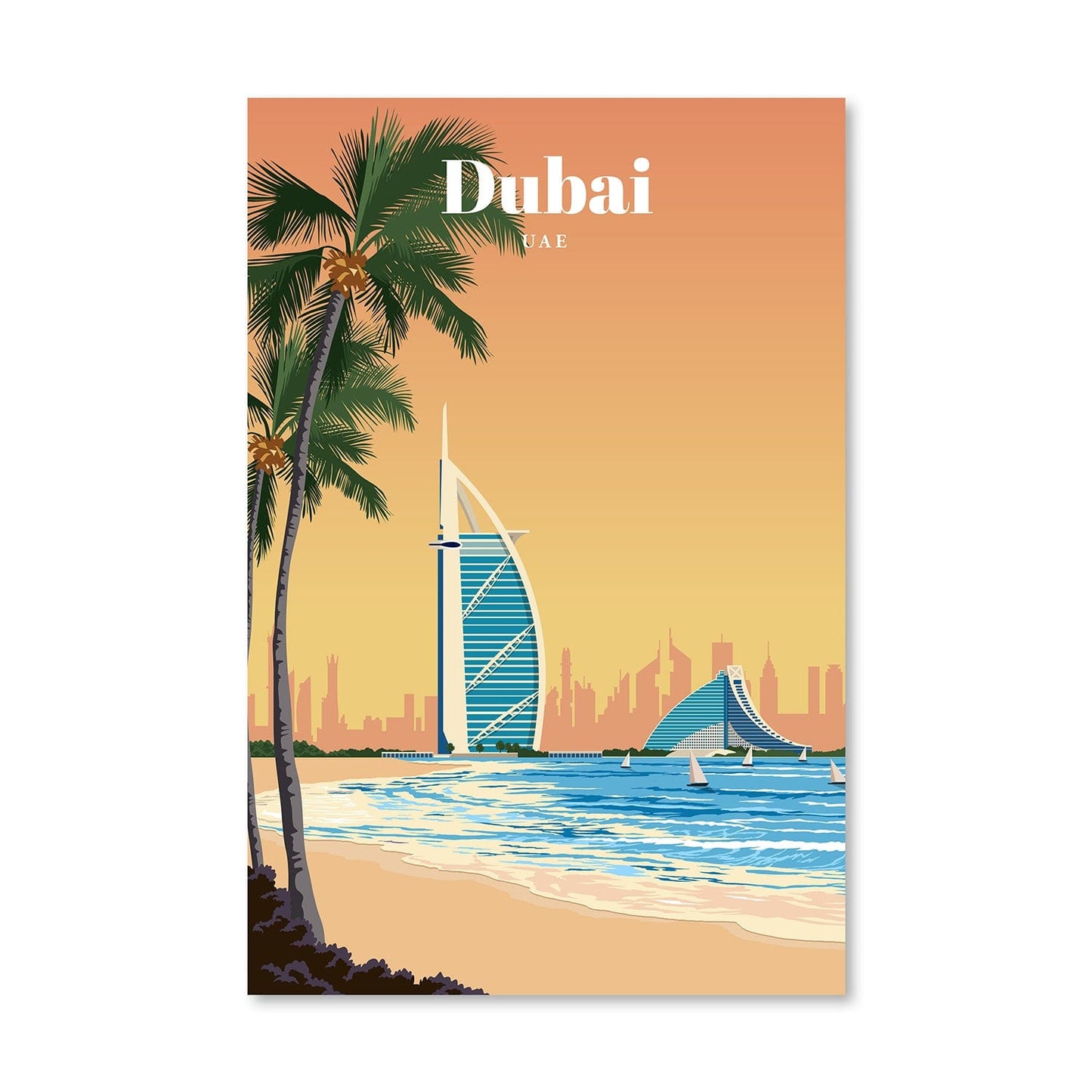Vibrant Dubai Skyline Oil Painting with Palm Trees and Beach View