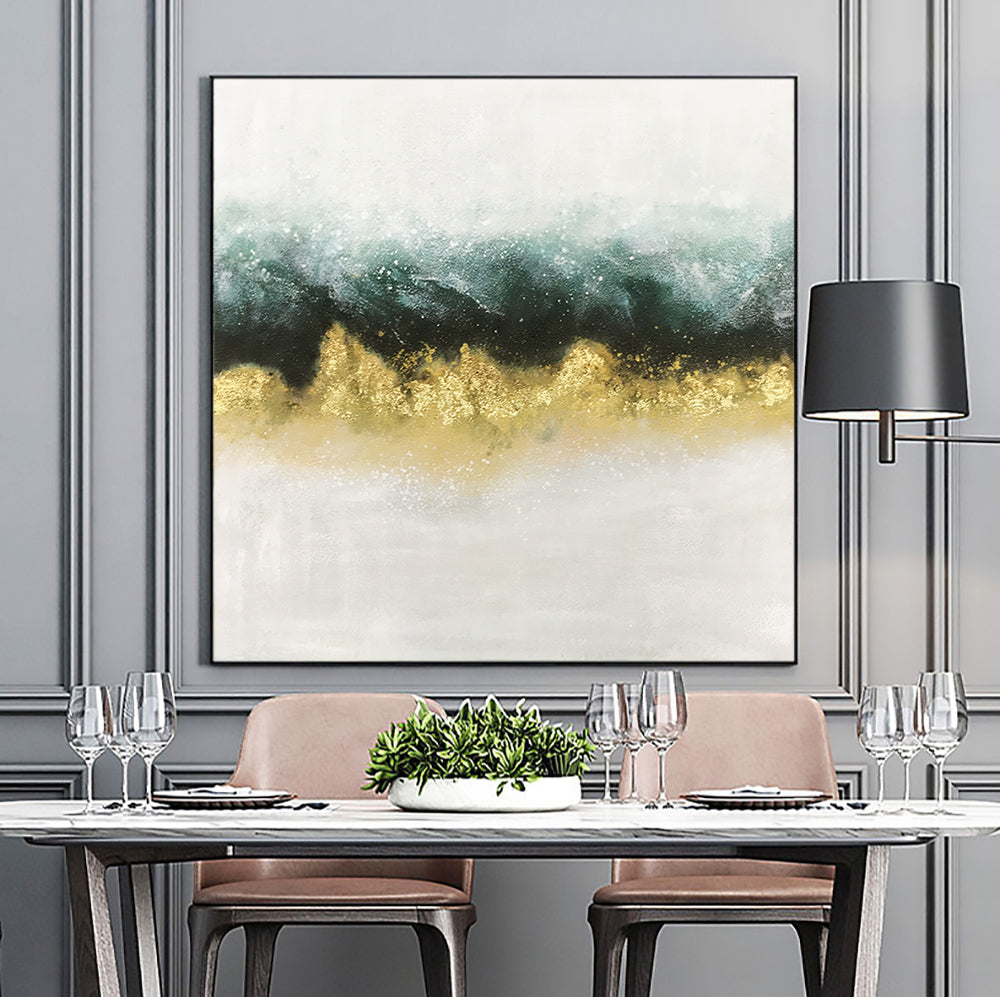 Elegant Abstract Oil Painting with Gold and Teal Waves
