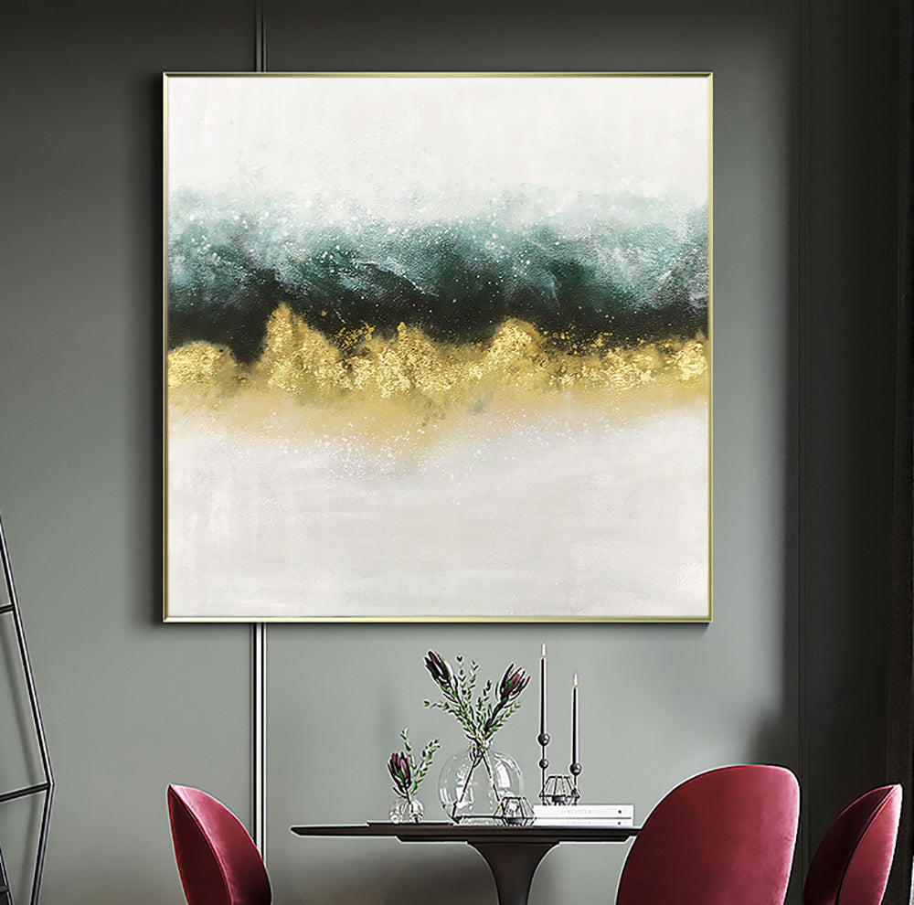 Elegant Abstract Oil Painting with Gold and Teal Waves