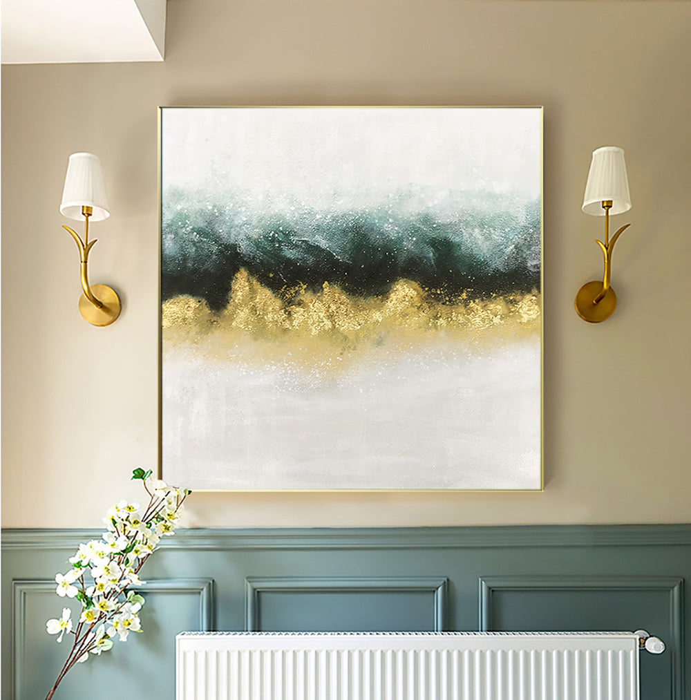 Elegant Abstract Oil Painting with Gold and Teal Waves
