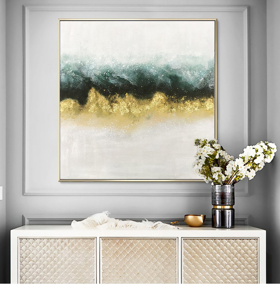 Elegant Abstract Oil Painting with Gold and Teal Waves