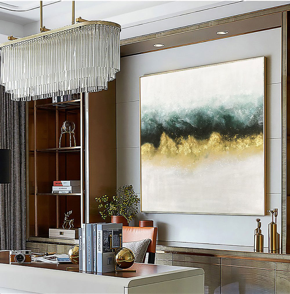 Elegant Abstract Oil Painting with Gold and Teal Waves